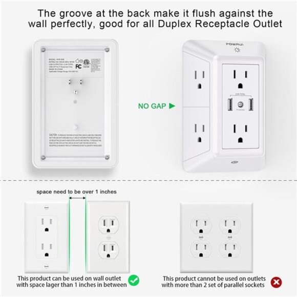 USB Wall Charger, Surge Protector, POWRUI 6-Outlet Extender with 2 USB Charging - Picture 3 of 7
